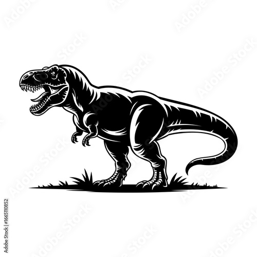roaring dinosaur silhouette standing on grass vector illustration