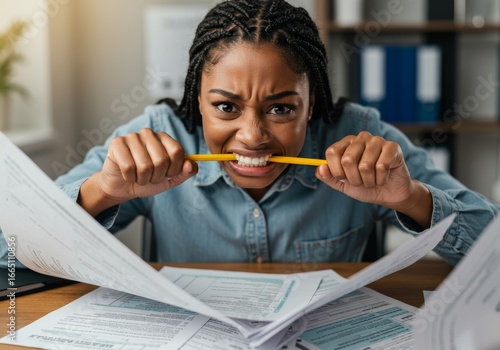 Stressed Woman Chewing Pencil Nervously Over Scattered Tax Forms on Desk