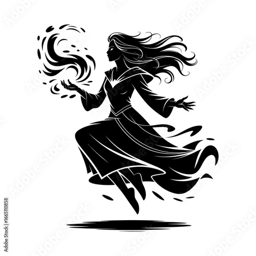 sorceress silhouette levitating with magical fire spell vector illustration