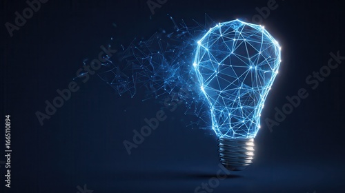 Abstract blue light bulb illustration, lowpoly wireframe with neon light frame, symbolizing innovation, ideas, tech solutions, and invention generation ar 169.