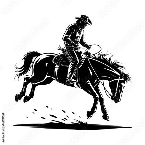 cowboy riding horse in action with lasso vector silhouette illustration