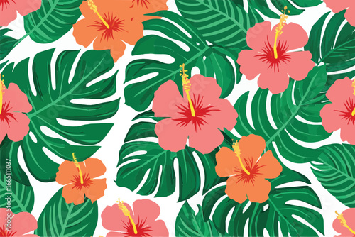 Tropical Paradise A Seamless Pattern of Hibiscus Flowers and Monstera Leaves on White