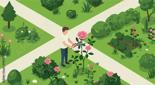 Man pruning rose bushes in a verdant formal garden with crisscrossing pathways