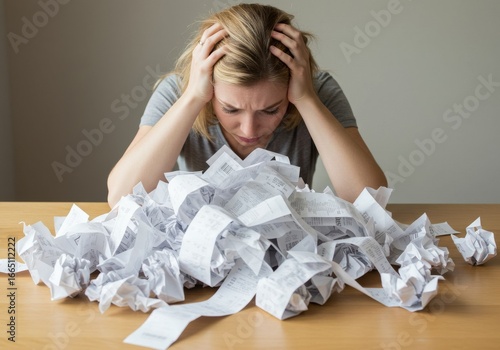 Stressed woman surrounded by crumpled receipts holding head at bright wooden table