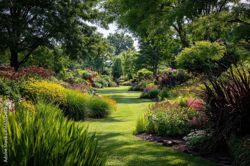 Fototapeta premium Sun-dappled garden path winds through vibrant, lush borders of flowering perennials and ornamental grasses, creating a tranquil, idyllic scene