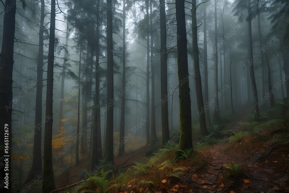 Obraz premium Landscape of a dark forest in the middle of Dark river fog coniferous trees