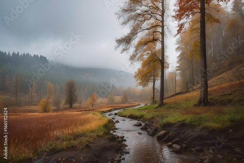 landscape of a dark forest in the middle of Dark river fog coniferous trees