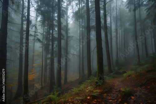 Landscape of a dark forest in the middle of Dark river fog coniferous trees