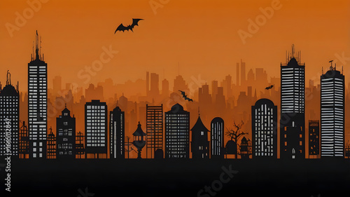 Black silhouettes of different buildings on an orange background bats are flying Halloween