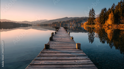 Autumn sunset over a calm lake with a wooden pier reflecting serene surroundings