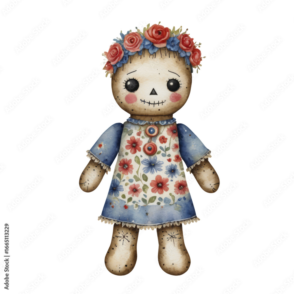 A rustic fabric doll with a floral crown and a patterned dress stands against a dark background A rustic fabric doll with a floral crown and a patterned dress stands against a dark background