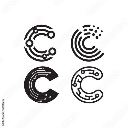 Diverse Circuit Board C Letter Designs in Black and White Showcasing Technological and Electronic Conceptualizations for Branding and Logos