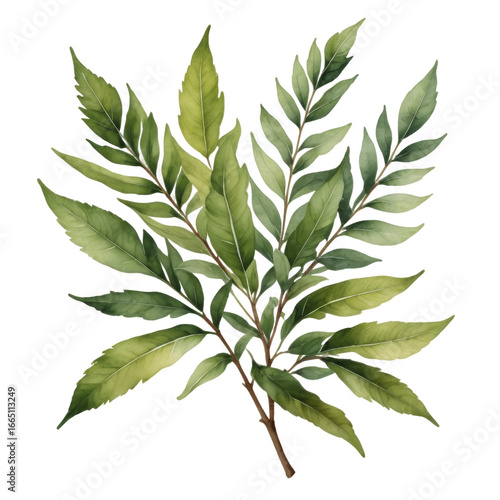 Detailed Watercolor Illustration Of A Branch With Multiple Green Leaves Against A Transparent Background