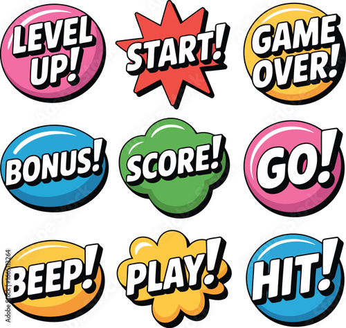 Vibrant Game Action Bubbles Set with Bold Exclamations for Dynamic User Interface Design