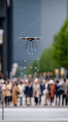 Futuristic Drone Dispersing Digital Particles Over City Crowd
