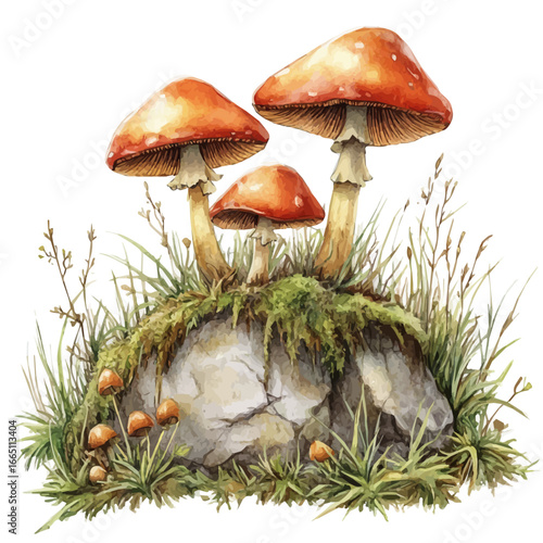 watercolor of Forest Mushrooms, vector, isolated on a white background.