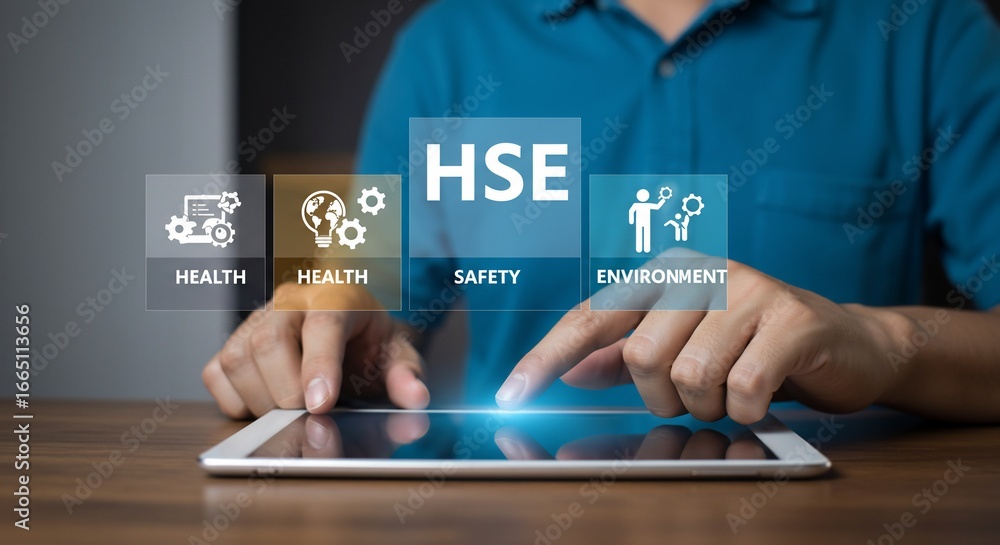 Fototapeta premium Person Interacting with HSE Icons on Tablet Emphasizing Health Safety and Environment.