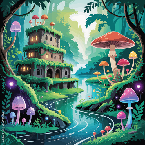 Enchanted Mushroom Forest with a Whimsical House and a Serene Stream Landscape Scene