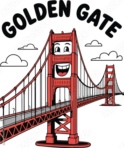 Golden Gate Bridge Cartoon Character with Smiling Face on Transparent Background