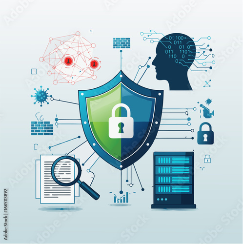 AI Data Security Shield Protecting Human Intelligence and Servers Vector