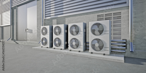 Air conditioner system parts installed outside warehouse. Technology for climate control inside large buildings. Industrial HVAC infrastructure for temperature regulation and ventilation.