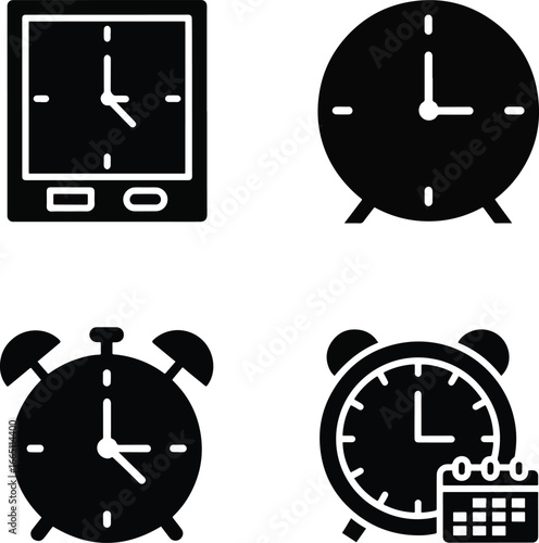Various clocks showing different times are arranged in a grid against a white backdrop, symbolizing time management and deadlines.
