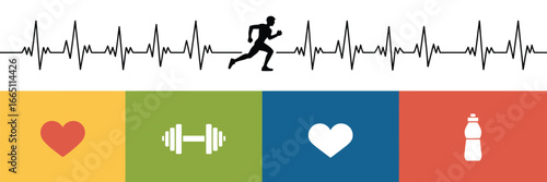 Illustration of a runner with a heartbeat line above and health icons below on colored squares art