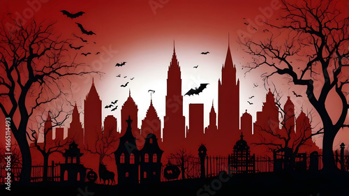 Dark silhouettes of buildings on red sunset sky bats halloween