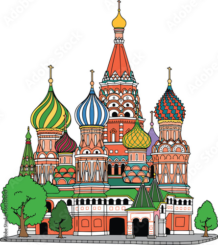 Saint Basil's Cathedral Vector Illustration in Moscow Russia with Colorful Domes