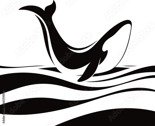 A stylized black and white illustration of a whale breaching from the ocean waves, a dynamic and majestic marine symbol.