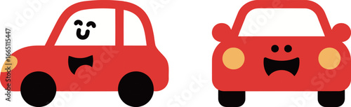 Two cute red cartoon cars, one from the side and one from the front, with happy faces, isolated on a white background.