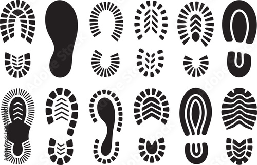 Diverse Shoe Print Collection Featuring Various Textures and Shapes Depicting Footwear Imprints and Tread Designs Isolated on White