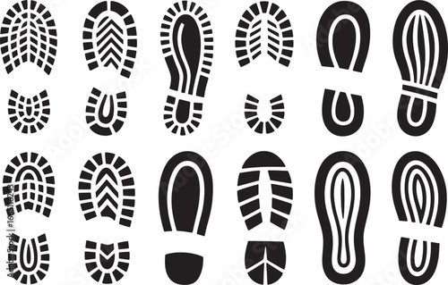Diverse Shoe Print Collection in Black and White Footprint Vector Set for Graphic Design and Illustration Projects