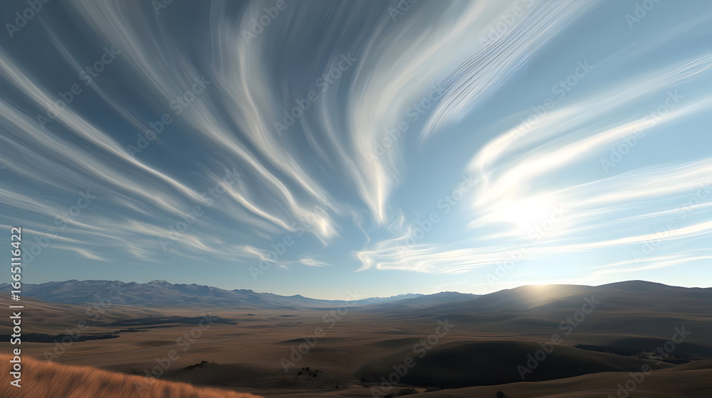 Naklejka premium Vast Desert Landscape Under Dramatic Sky With Birds