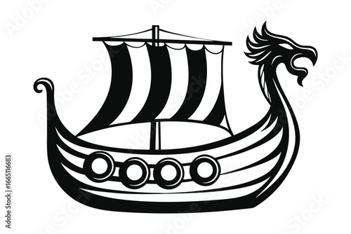 Viking Longship Art with Dragon Head in Black and White on White Background