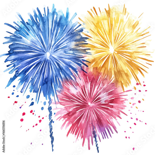 Fireworks Summer Celebration Night, watercolor illustration vector, isolated on a white background.