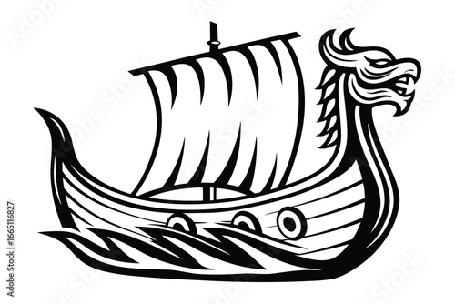 Viking Drakkar Ship Silhouette on White Background Isolated
