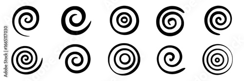 Ten Unique Black Spiral Icons: A Collection of Hand-Drawn Style Swirls in a 2x5 Grid on White Background