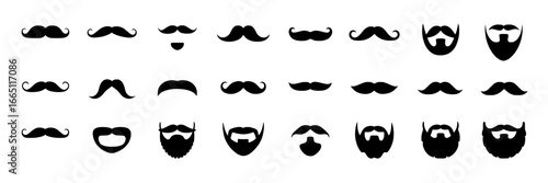 Collection of 24 Solid Black Mustache and Beard Icons: Variety of Styles in Horizontal Rows on White Background
