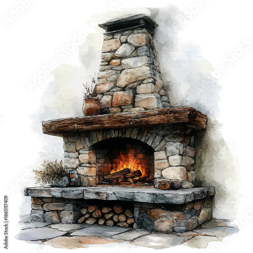 Fireplace, watercolor painting vector, isolated on a white background.