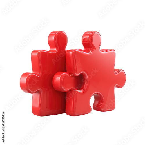 Two glossy red jigsaw puzzle pieces joined, a 3D illustration