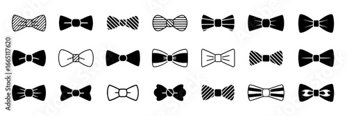 Collection of 24 Bow Tie Icons: Solid, Striped, and Outlined Designs in Black and White