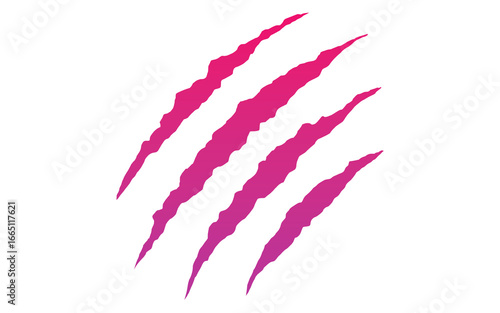 Pink and purple gradient claw marks. Isolated vibrant monster scratch PNG clip art for a modern decal, trendy t-shirt, or fantasy game effect.