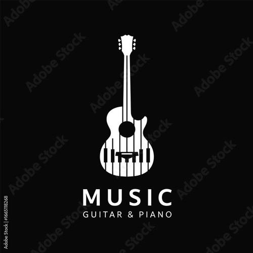 Guitar Strings with Piano Key Music Instrument Logo Design Vector