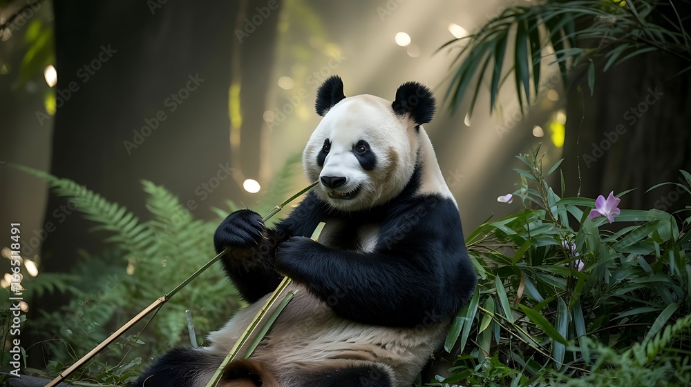 Obraz premium A peaceful panda bear enjoying bamboo in a lush green forest sunlight