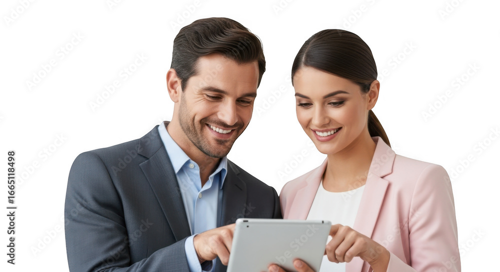 Smiling business couple using tablet together isolated on transparent background Smiling business couple using tablet together isolated on transparent background