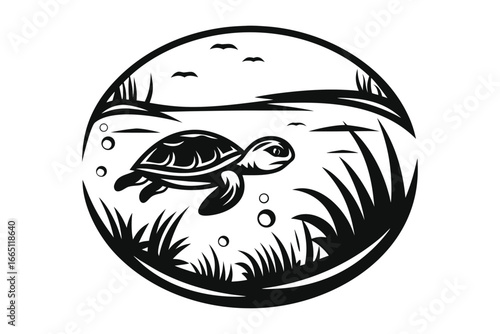 Turtle Swimming Silhouette, Underwater Plants,Bubbles,Birds, White Background