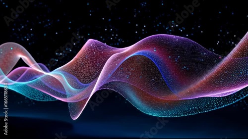 Violet and cyan mesh wave with scattered glowing particles moves smoothly through a dark digital space, combining abstract flow, motion, and sound frequency visualization.