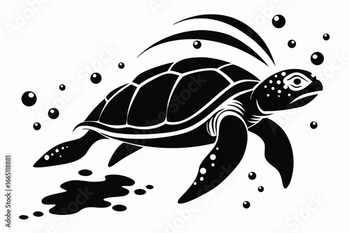 Sea Turtle Swimming Silhouette with Bubbles on White Background