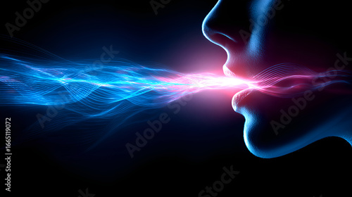 Woman exhaling glowing waves of energy, a conceptual image of breath and voice